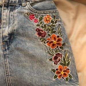 Flower Embroidered Denim Skirt